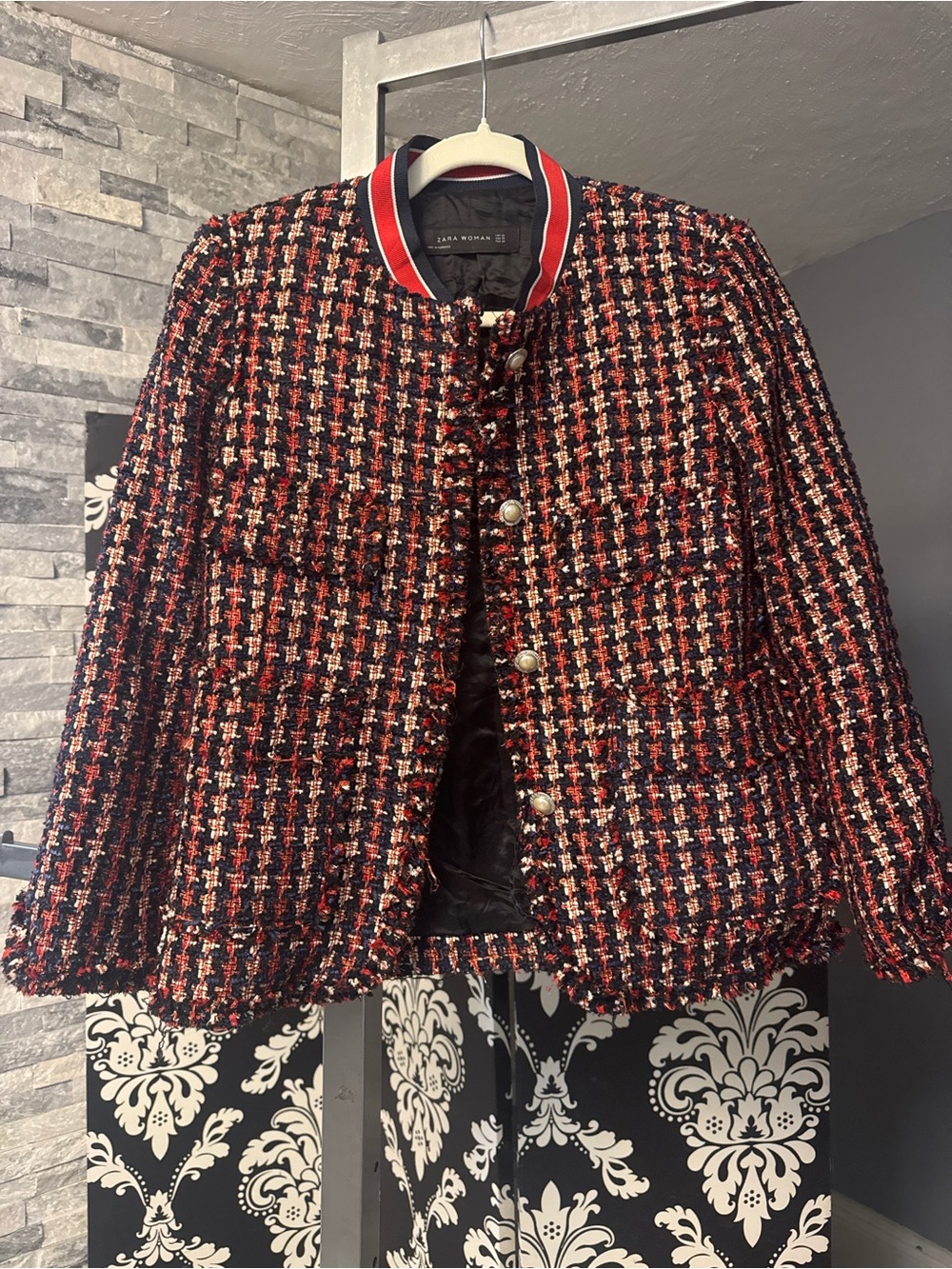Zara Tweed Multi-Color Bomber Jacket with Pearl Buttons